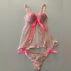 Victoria’s Secret pink babydoll panties lingerie set 34d s mesh floral flowers